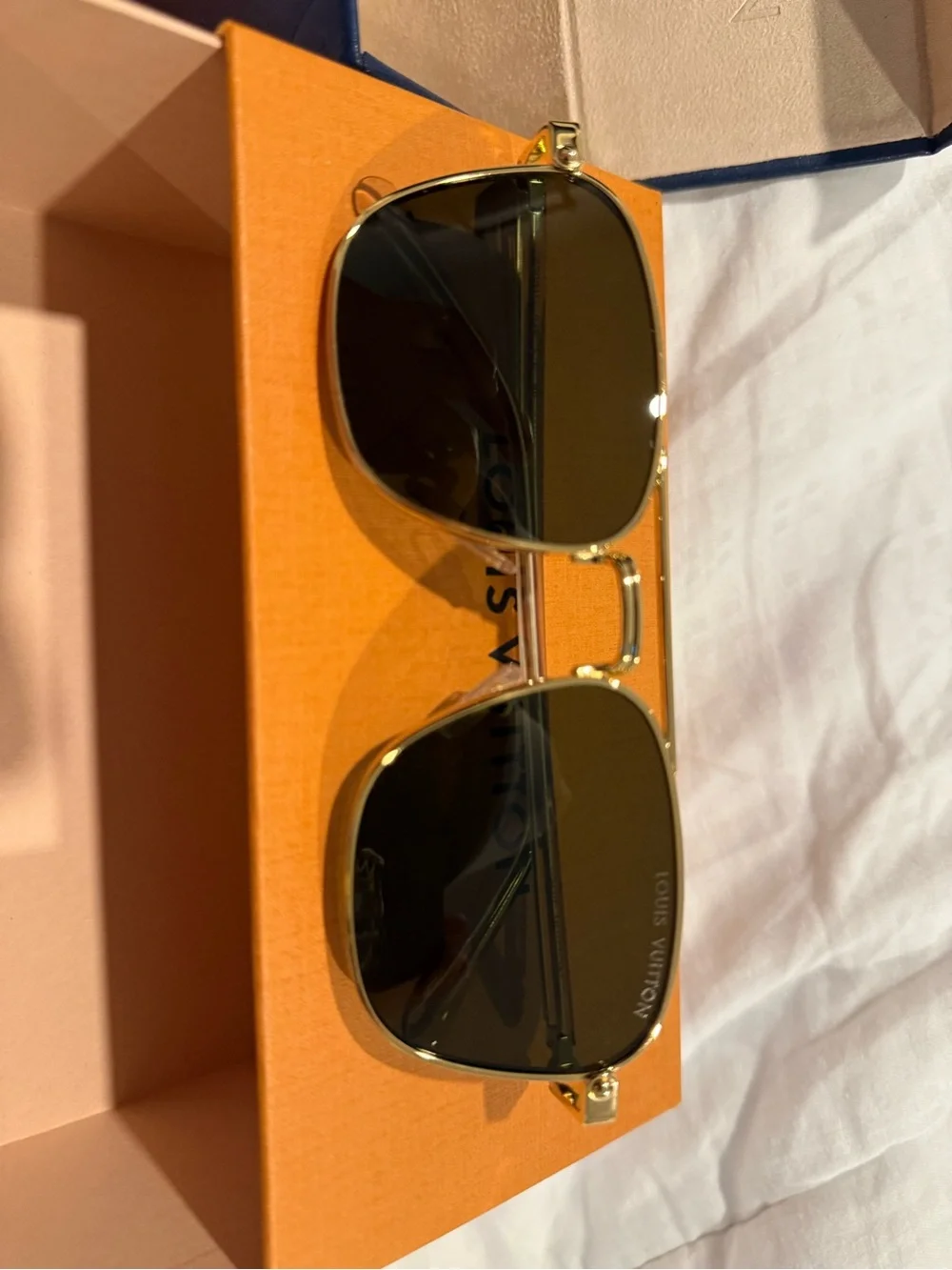 Louis Vuitton Gold Frame Sunglasses with Dark Green Lenses and Orange Box